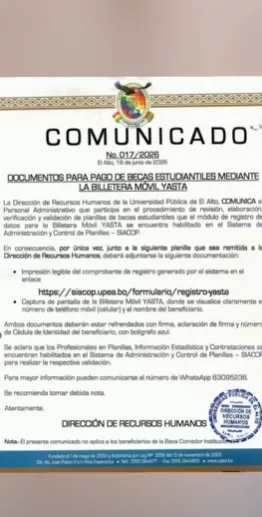 UPEA 2026: Presentación de documentos para el pago de becas mediante Billetera Móvil
